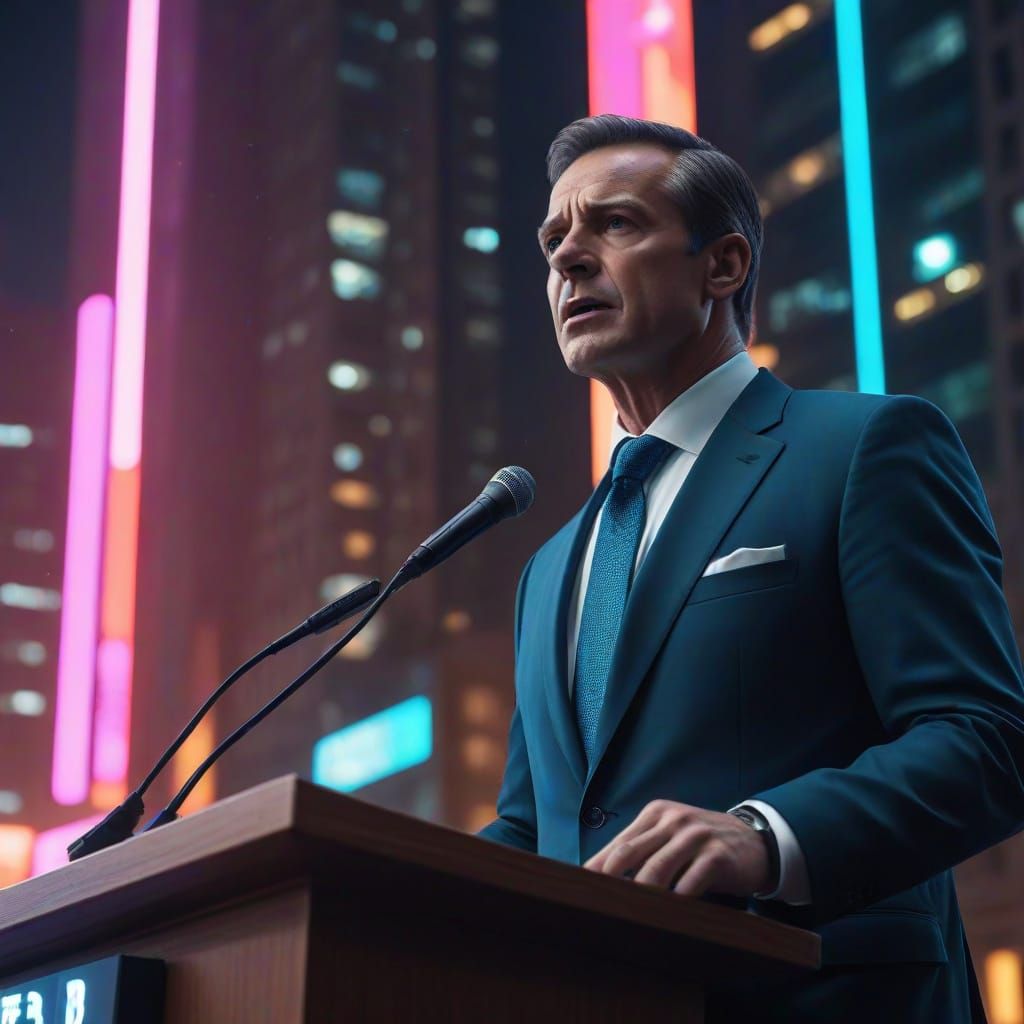 Futuristic Politician in High-Tech Cityscape