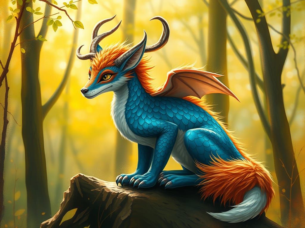 Dragon-Fox Hybrid in Spring Forest