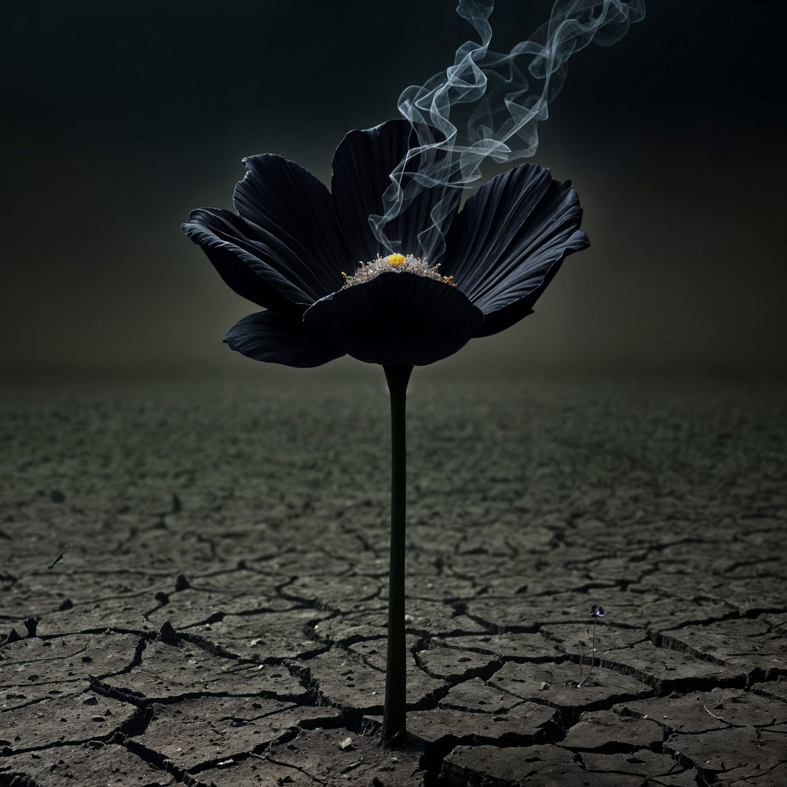 Dark, Black Bloom Radiates Eerie Glow in Barren Field