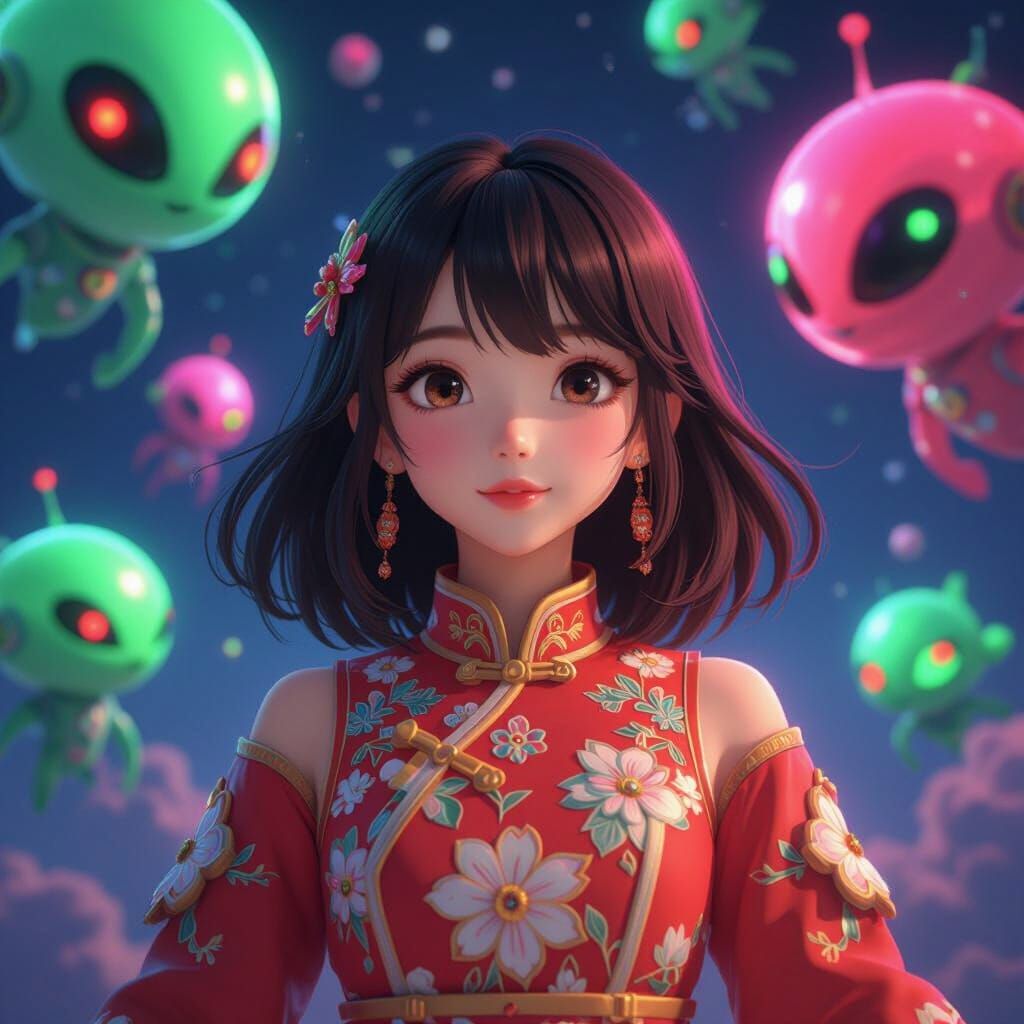 Chinese Girl in Space with Aliens: 3D Anime Art