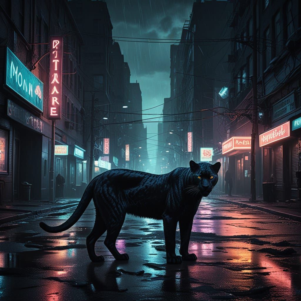 Surrealistic Dark Panther Emerges from City Shadows
