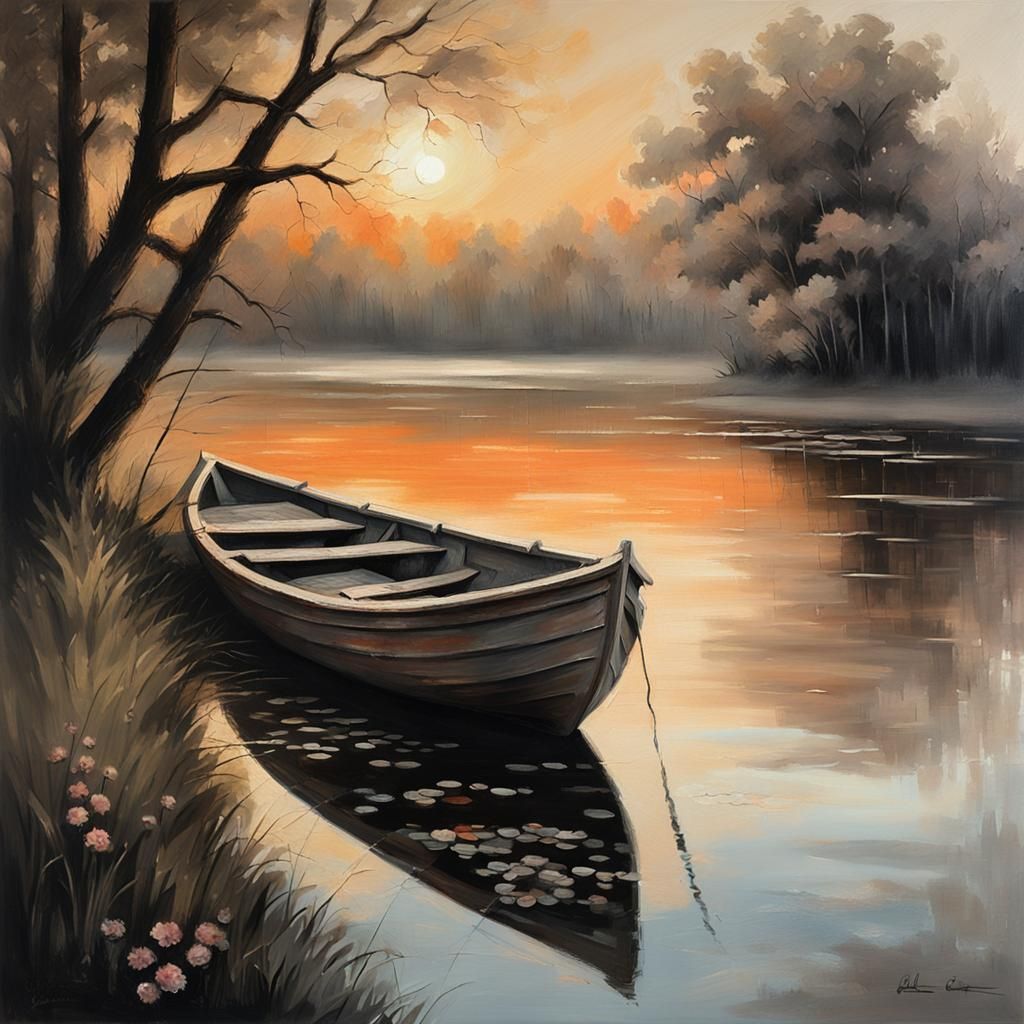 Baroque Landscape Painting: Boat on Reservoir