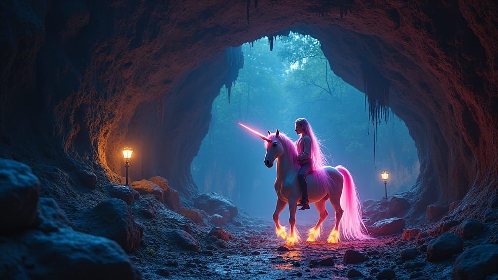 Mystical Unicorn in a Bioluminescent Cave, Graffiti Art Styl...