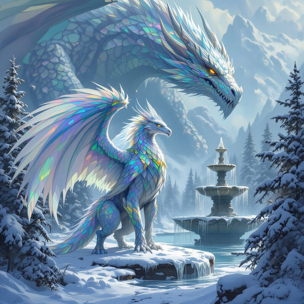 Dragon-Eagle Hybrid in Winter Garden, Digital Art
