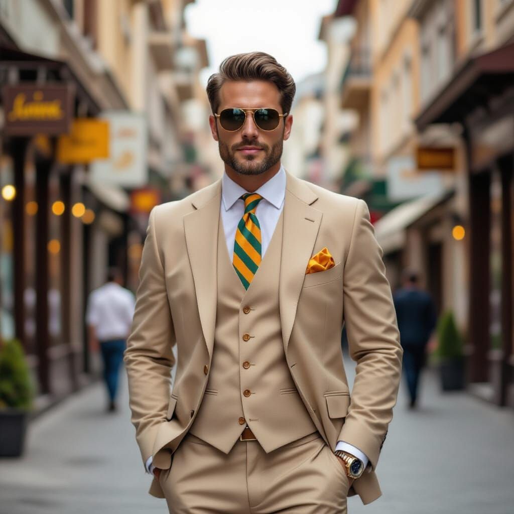 Man in Beige Suit with Fruit Accents