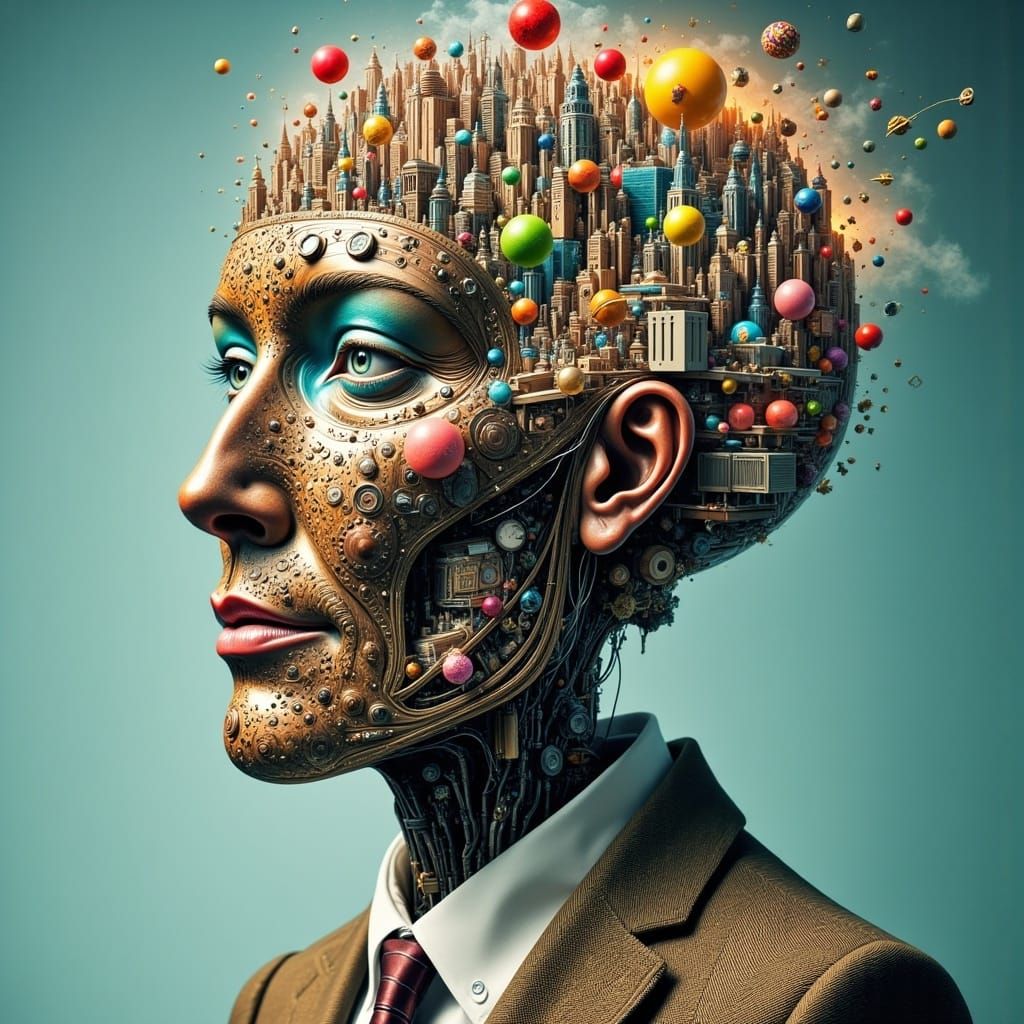 Surreal Mechanical Head Portrait in Steampunk Style