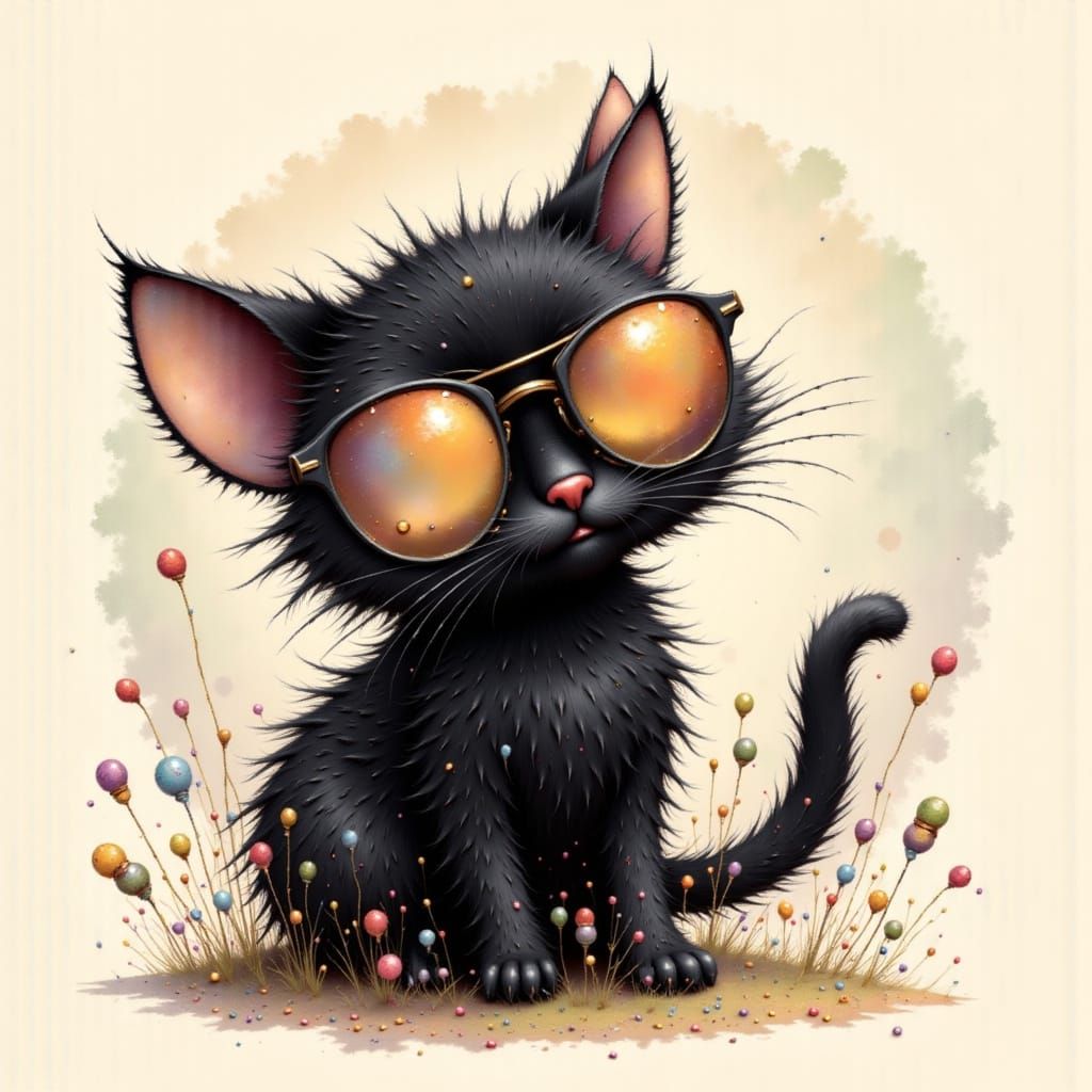 Cute Kid with Cat in Sunglasses, Pastel Illustration