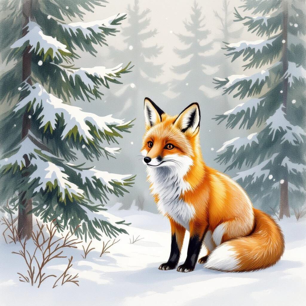 Friendly Fox in Snowy Forest, Simple Pencil Drawing Style