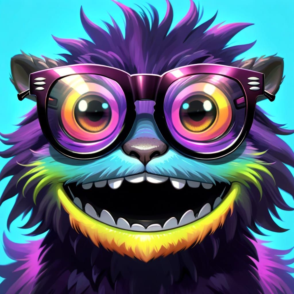 Cute hairy monster smiling with big glasses