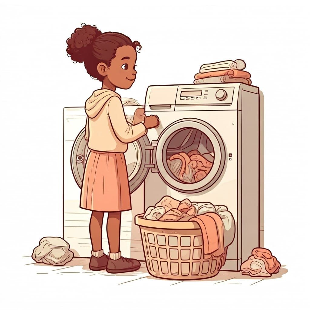 A Young Girl Adds Laundry to a Washing Machine in a Classic ...
