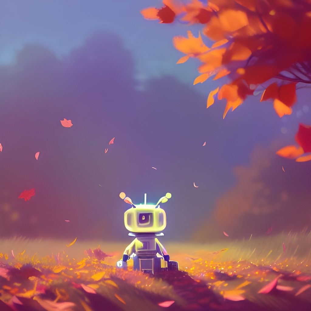 Robot in Autumn Leaves, Cyberpunk Art