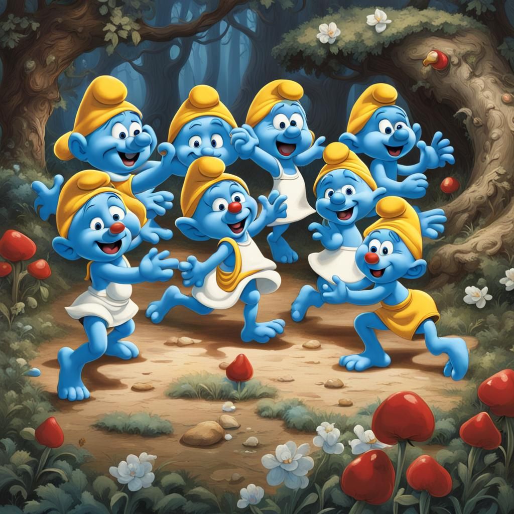 seven blue Smurfs dance with Snow White, like in the fairy tale Snow White and the Seven Dwarfs.