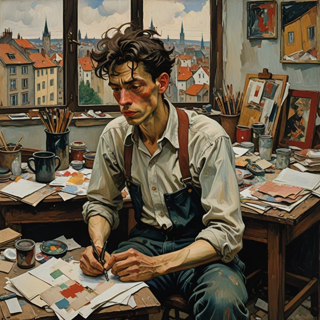 Tormented Artist Struggles with Creativity in a Bustling Cit...