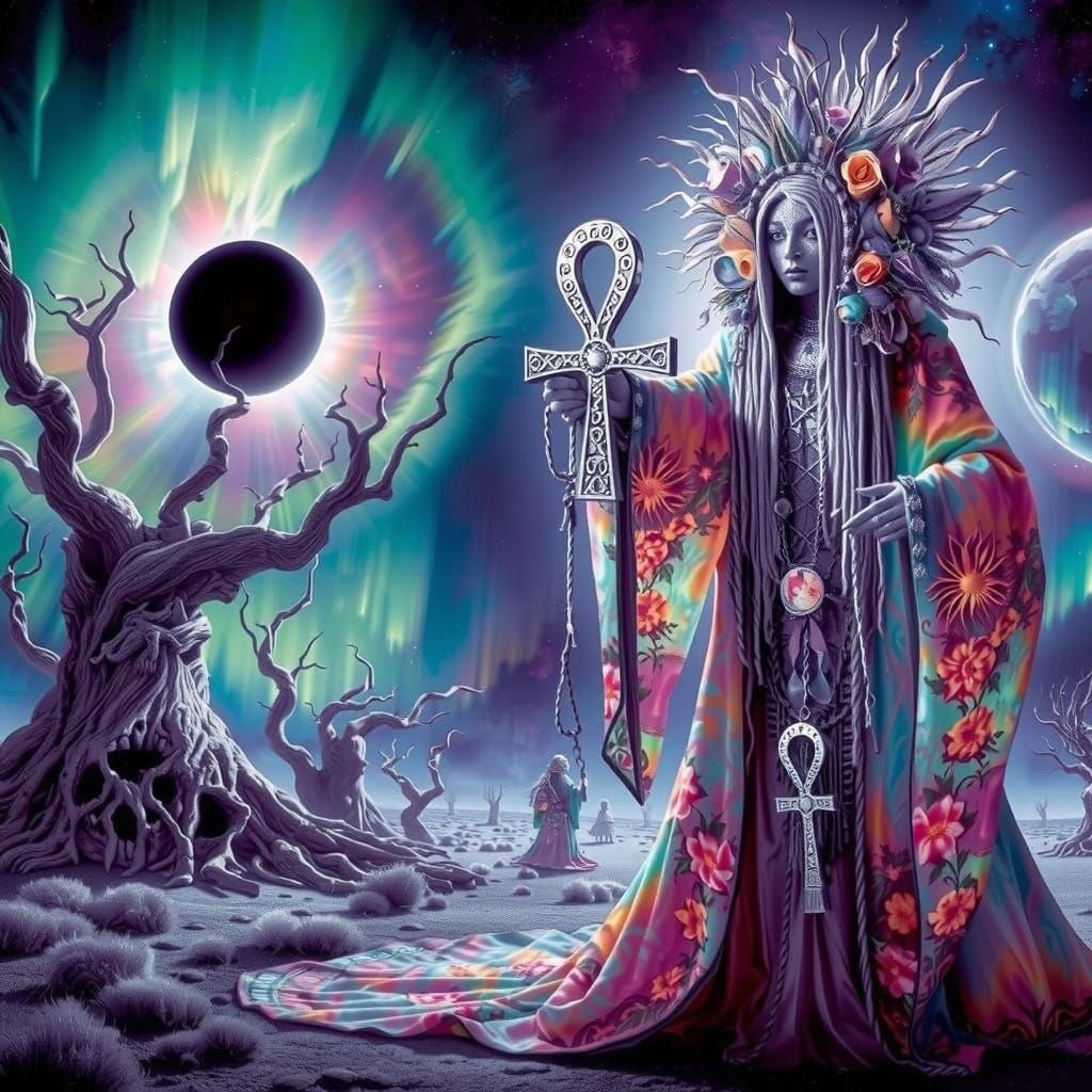 Pagan Priestess on Alien Planet with Aurora