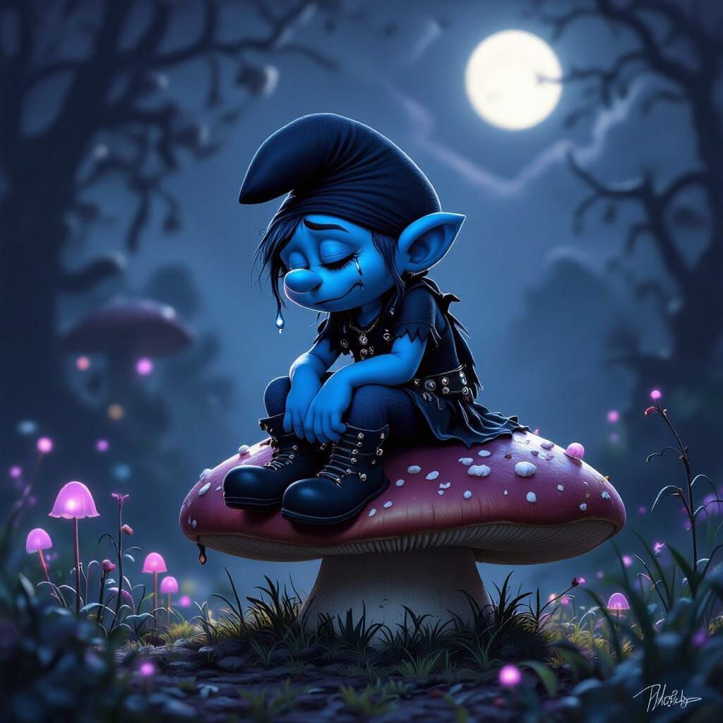 Melancholic Smurf in Gothic Attire on Mushroom