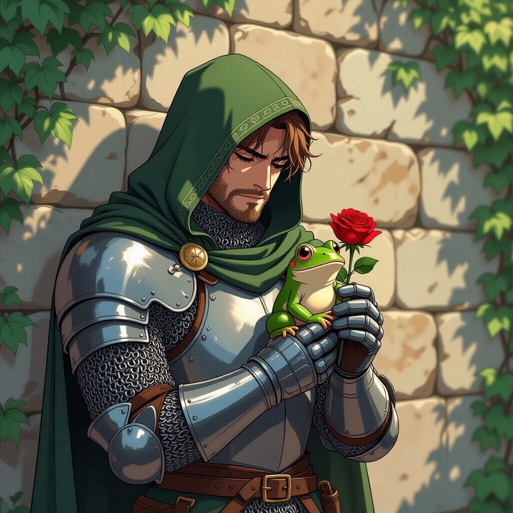 Anime Knight with Frog and Rose in Halberg Chainmail