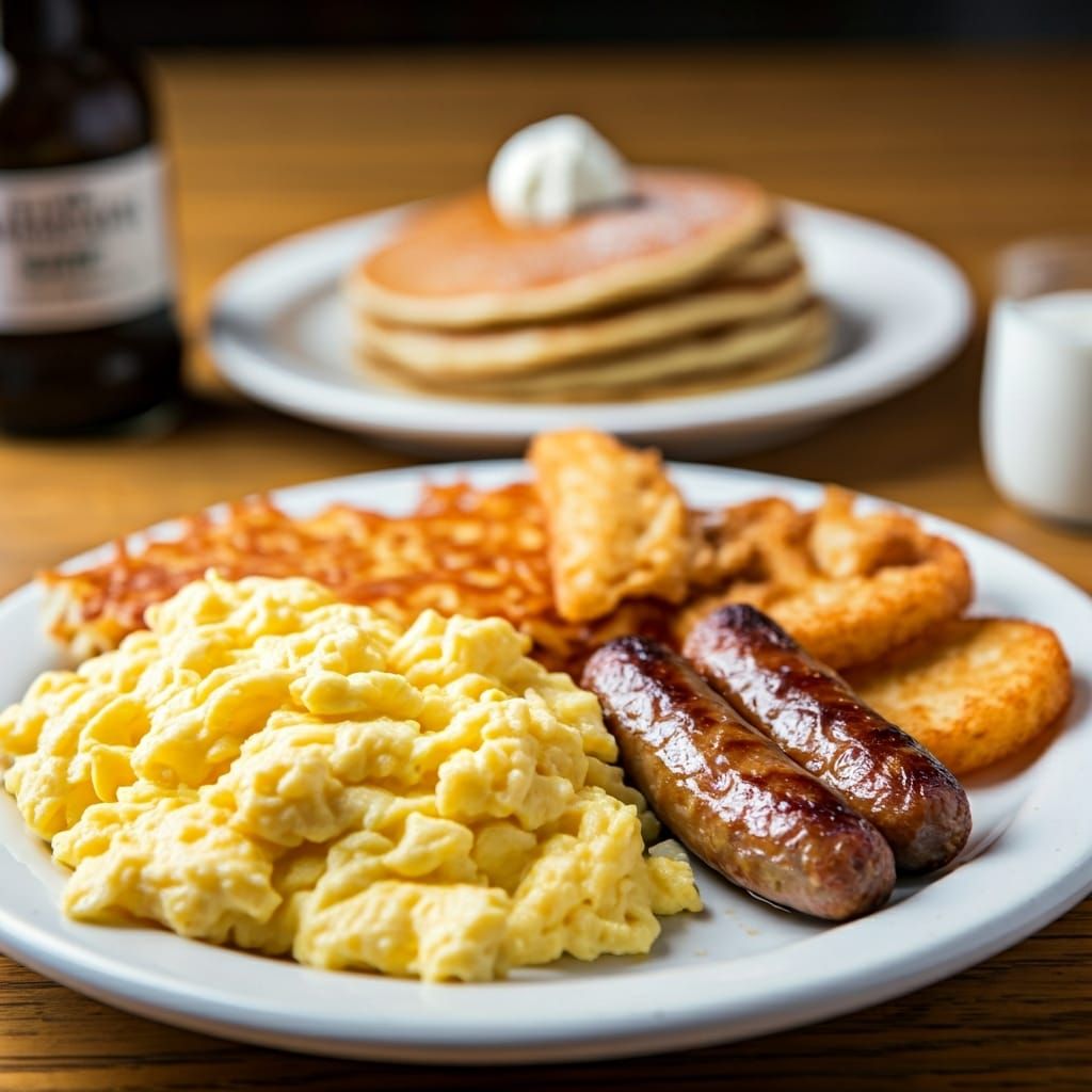 Breakfast Feast: Pancakes, Eggs, Sausage, and Waffles