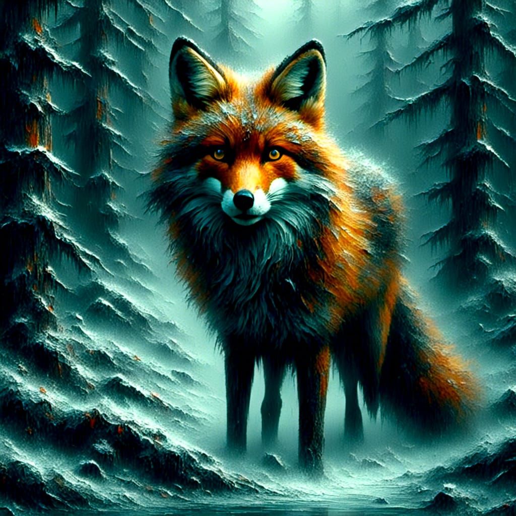 Red Fox in Dense Forest with Texture