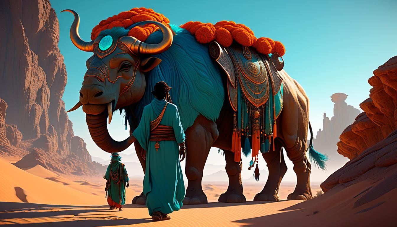 Jinn and Mythical Companion in Desert Landscape