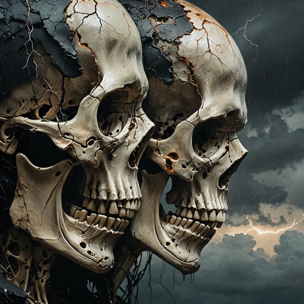 Ominous Double Exposure Skulls in Anime Style