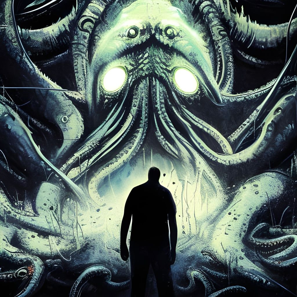 Man Confronts Cthulhu Monster in Dark Fantasy Art