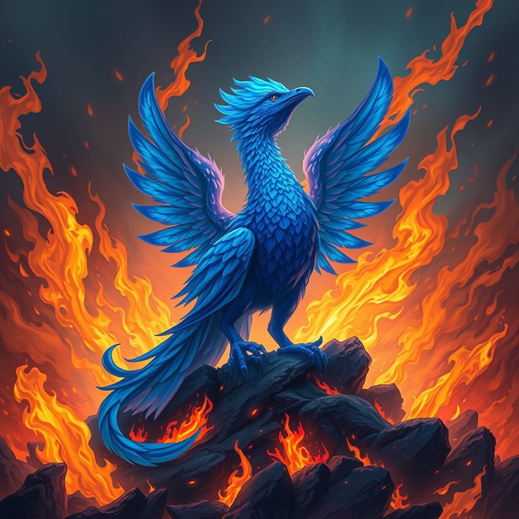 Blue Phoenix Rising from Flames: Digital Art