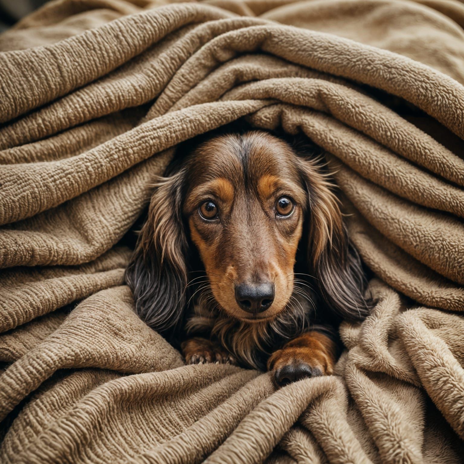 Cozy Dachshund Snuggled in Blanket: Cinematic Film Still