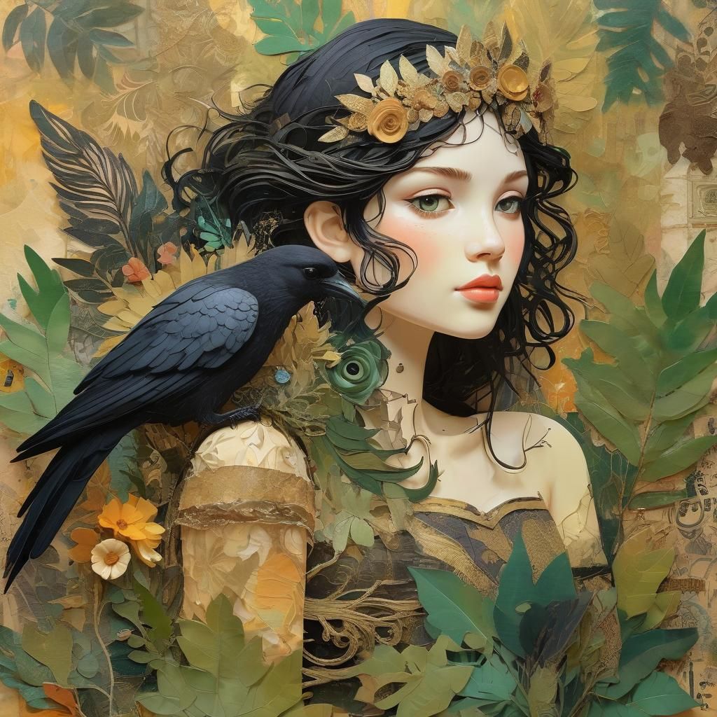 Charming Princess with Raven in Storybook Collage