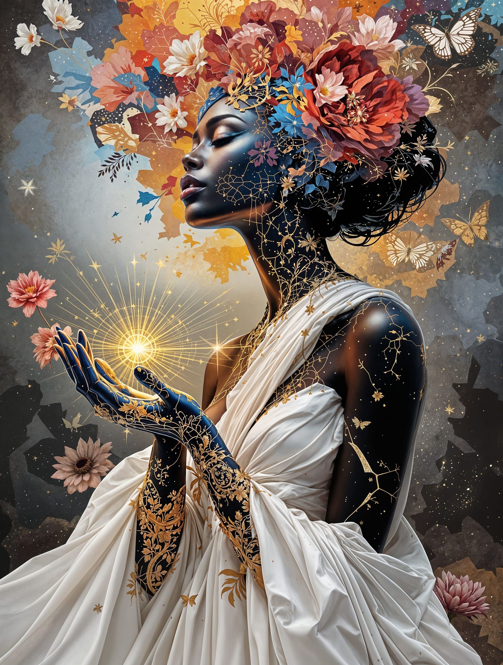 Regal Woman Embodies Elemental Beauty in Vibrant Collage