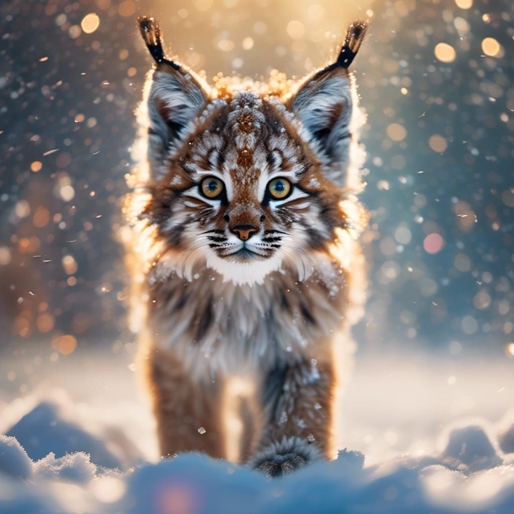 Chibi Lynx Cub in Rainbow Snowstorm