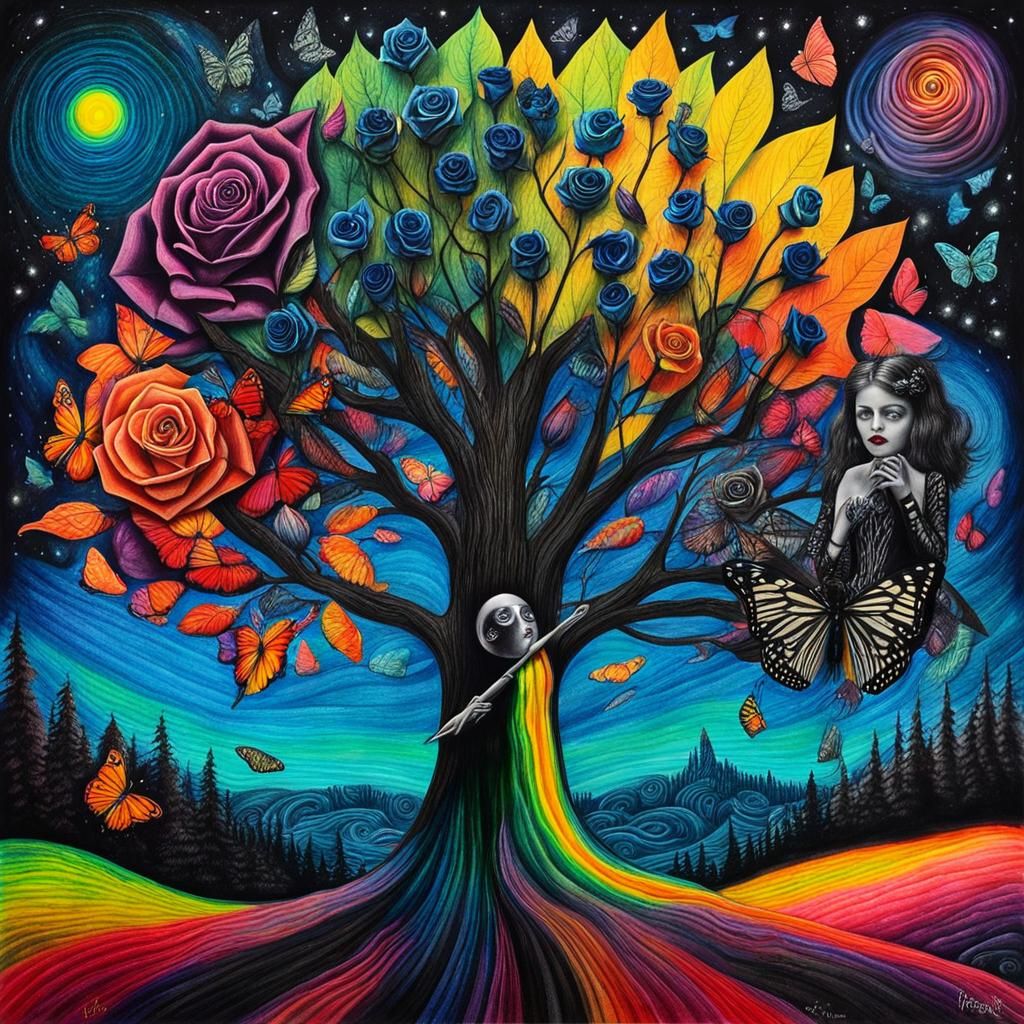 Surreal Crayon Drawing: Goth Woman in Darkness