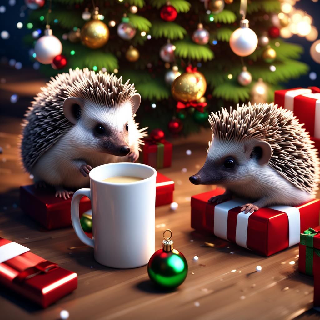 Hedgehogs Celebrate Christmas with Gifts and Milk