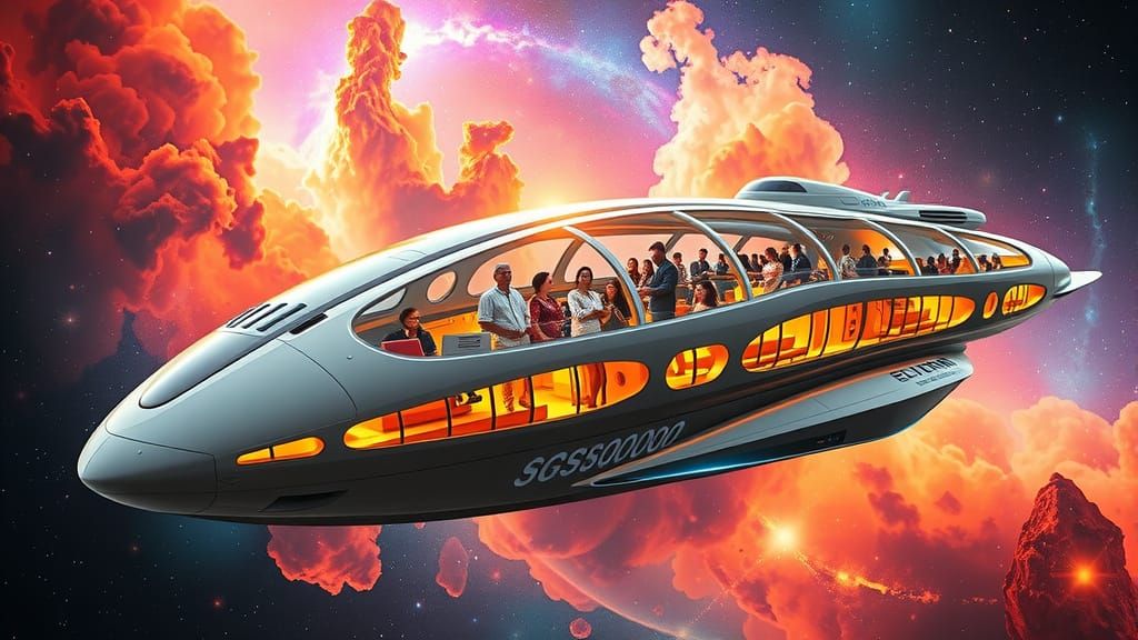 Sleek Starship Tour Through Vibrant Nebula
