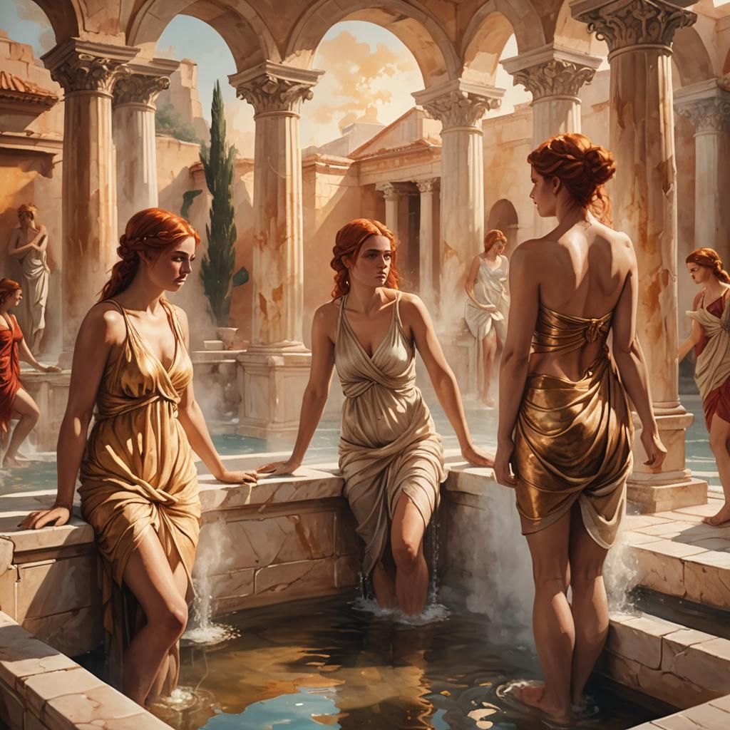 Greek Bathing Girls in Golden Light: Classical Oil Painting