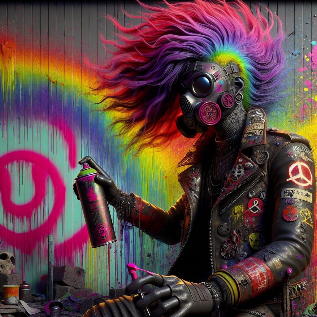 Punk Anarchist with Rainbow Hair Spray Painting Graffiti