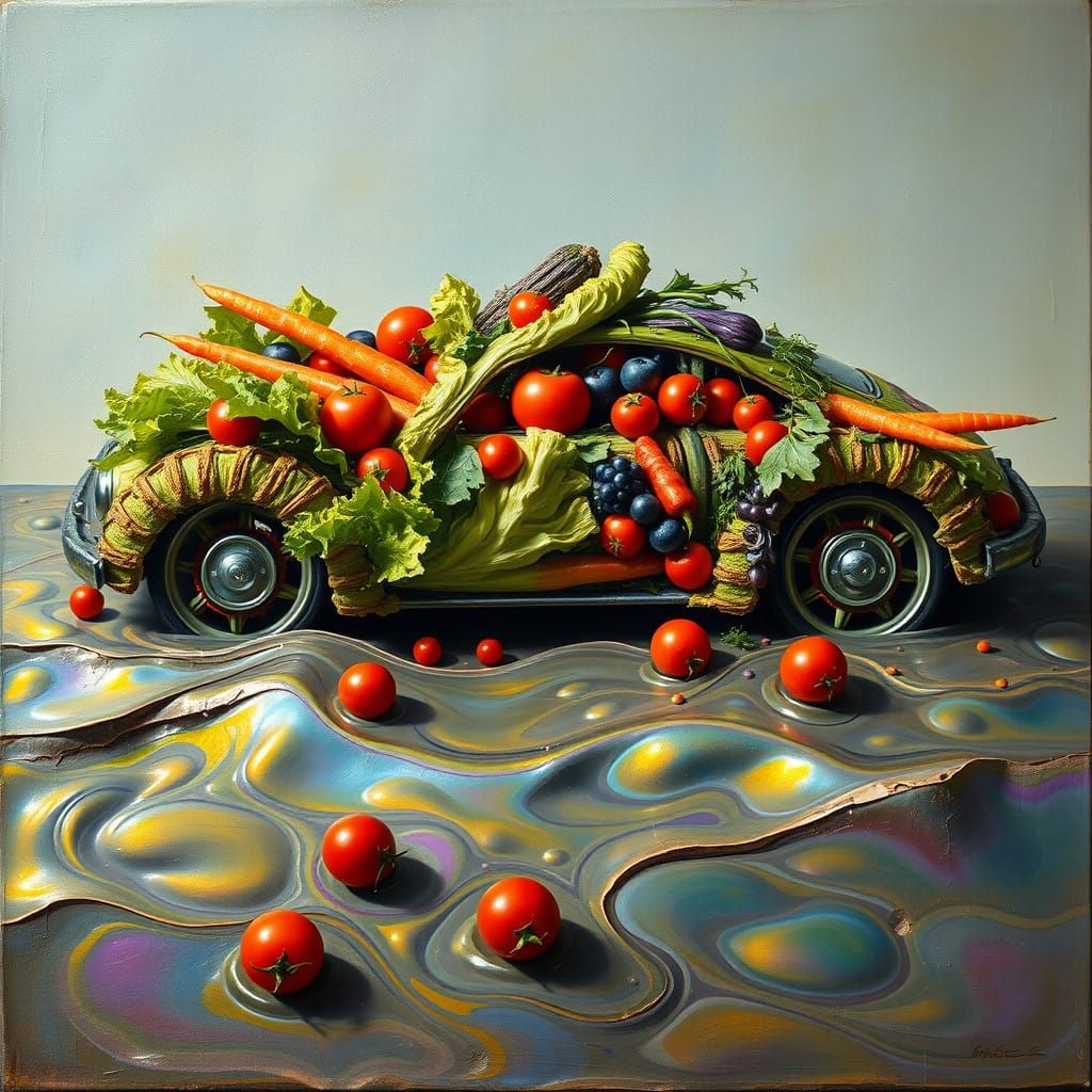 Vibrant Vegetable Mosaic Car in Surrealist Dreamscape