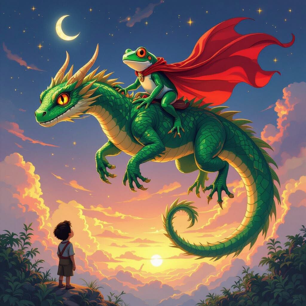 Frog Hero Rides Dragon Saving Boy in Fantasy Art