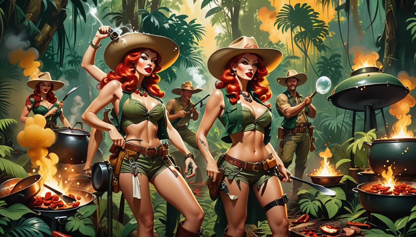 Vibrant Pin-Up Art in Lush Rainforest Jungle