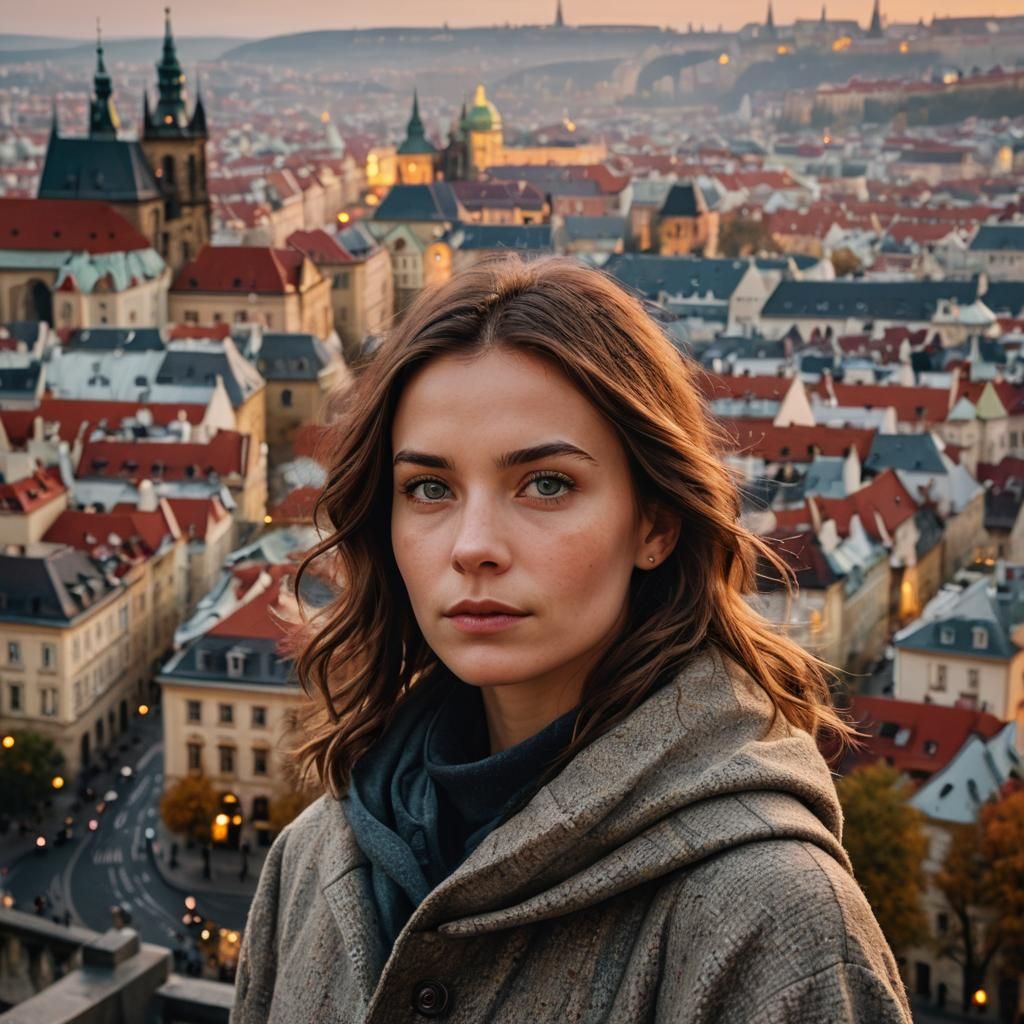 Beautiful Girl in Prague Autumn Cityscape Portrait