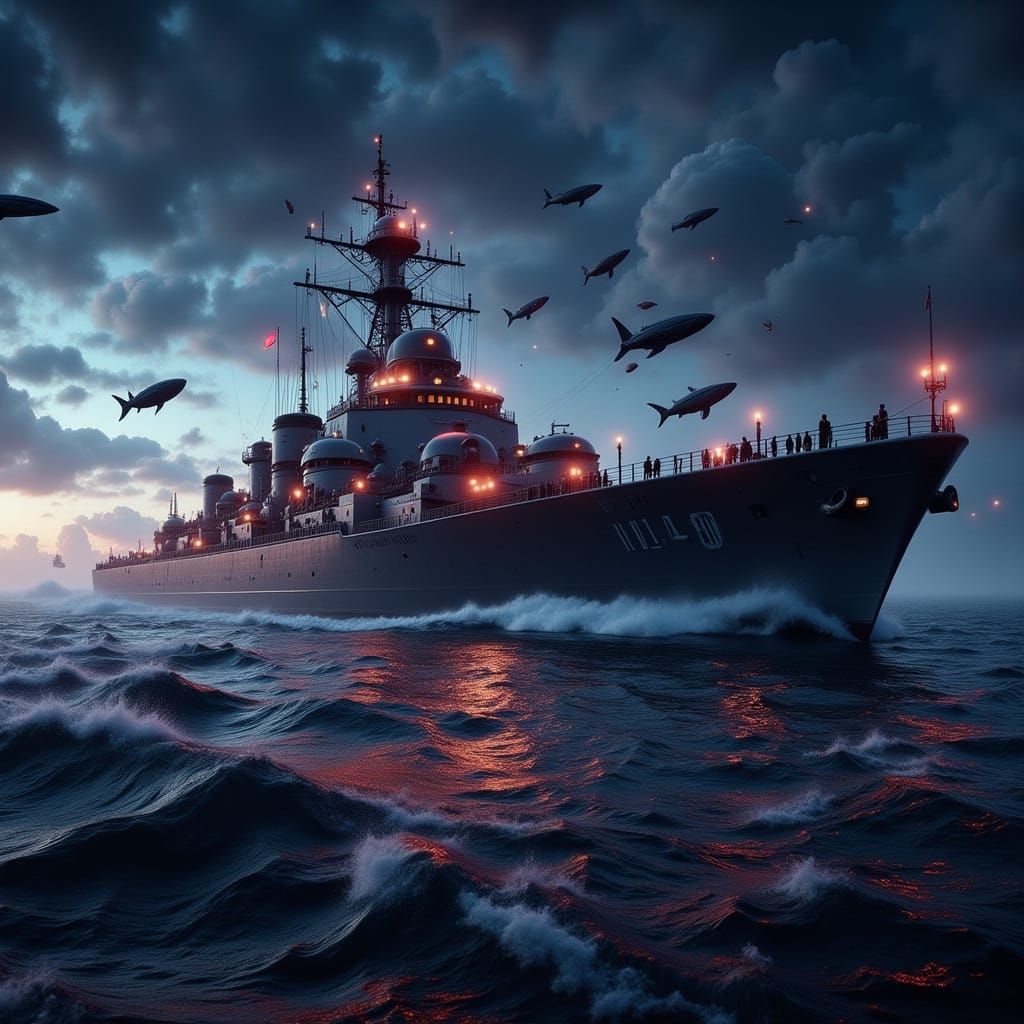 US Navy Destroyer Tender at Dusk with Whales and Flying Fish