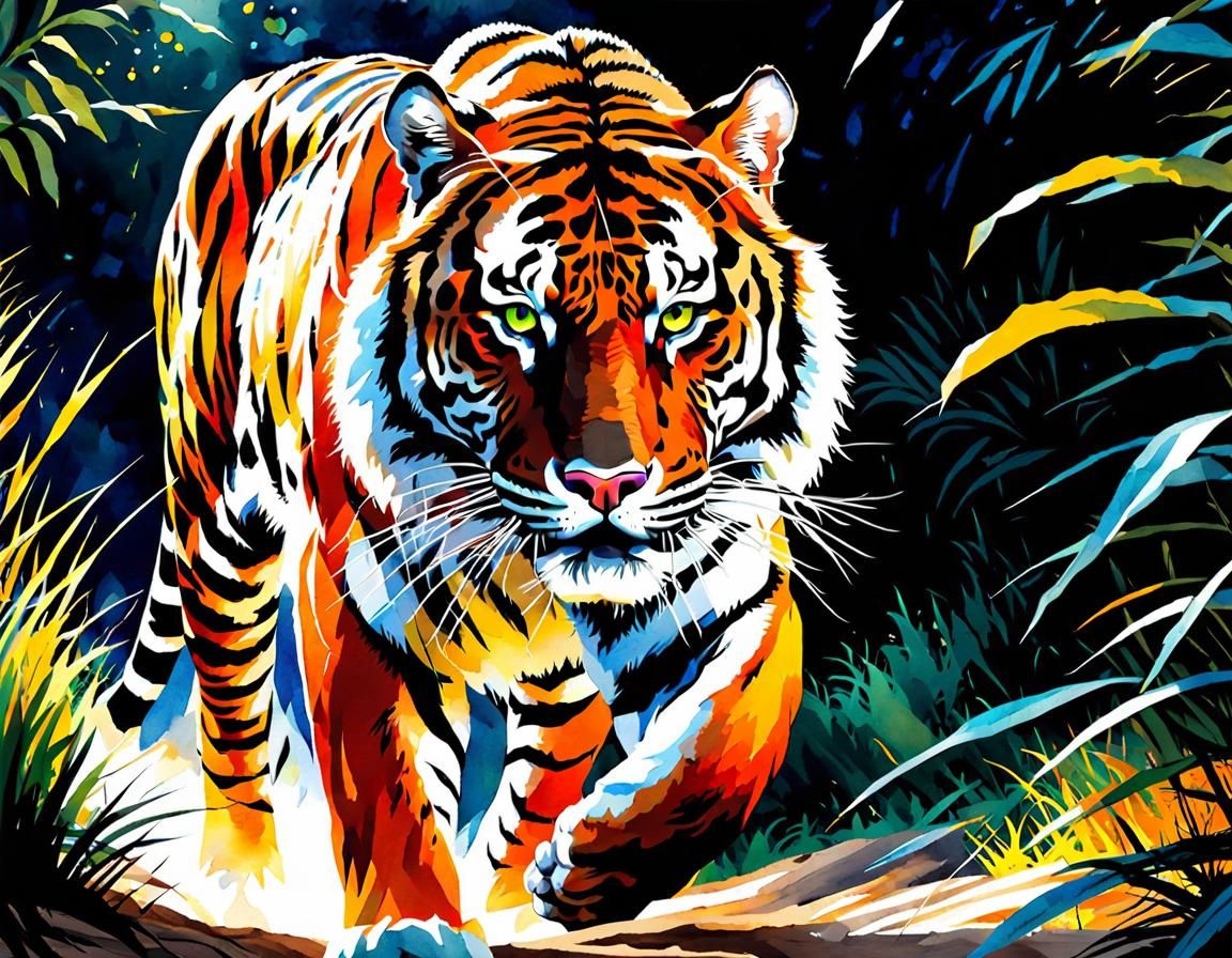 Bengal Tiger Chase: Watercolor Painting in Magic Hour