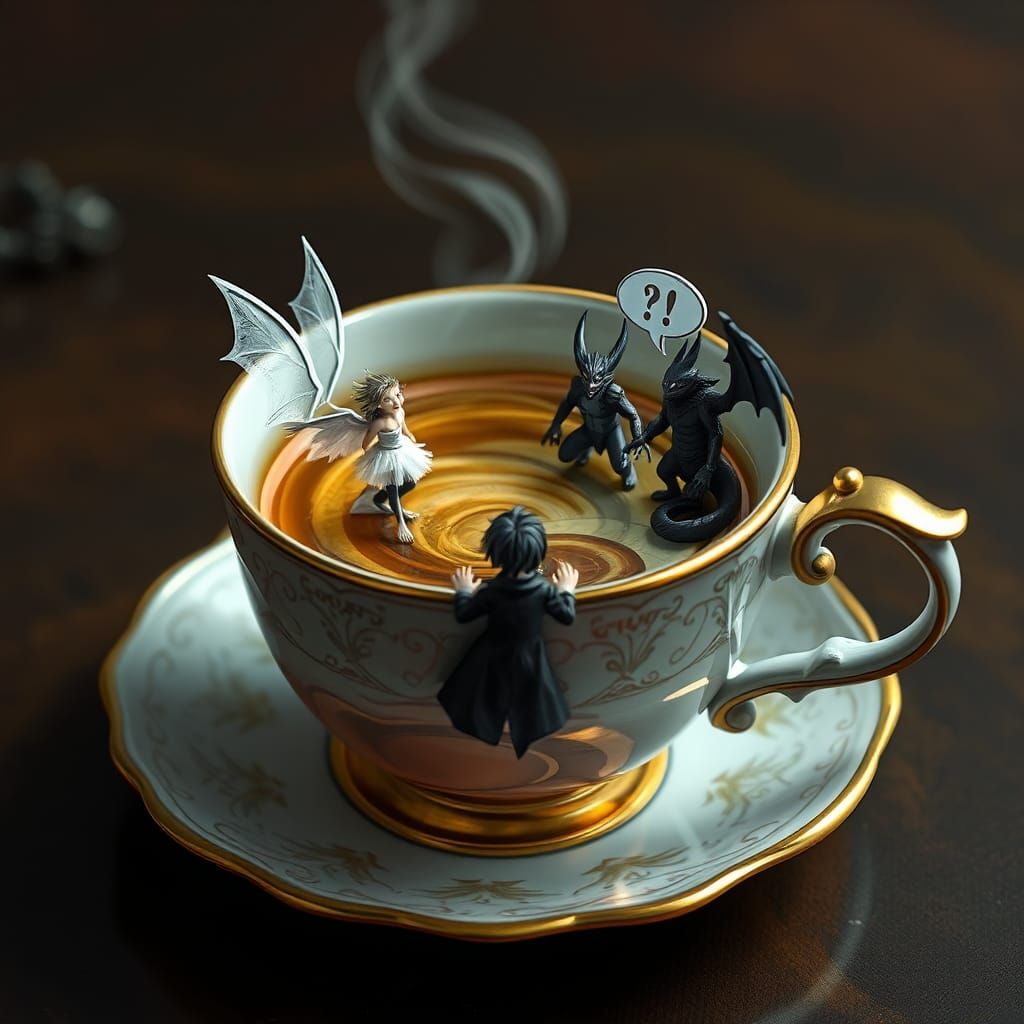 Mystical Demon Negotiation in Antique Teacup Concept
