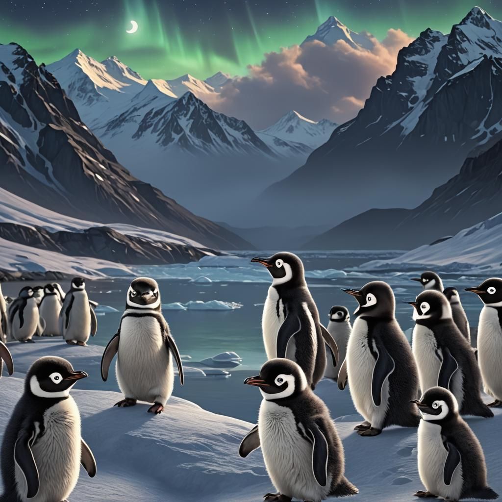 Dancing Baby Penguins Under the Aurora