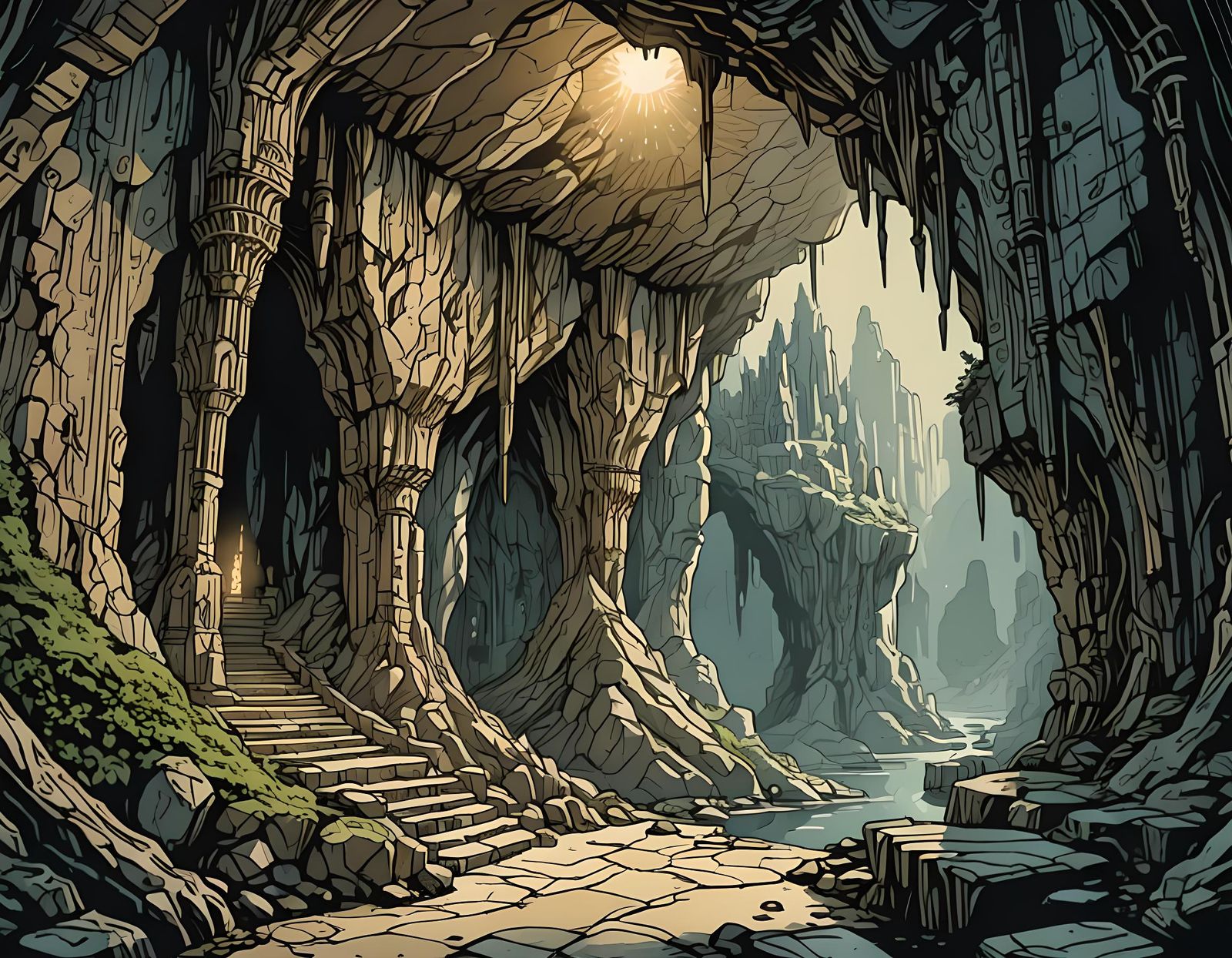 Cave Entrance Light Reflecting on Stalactites