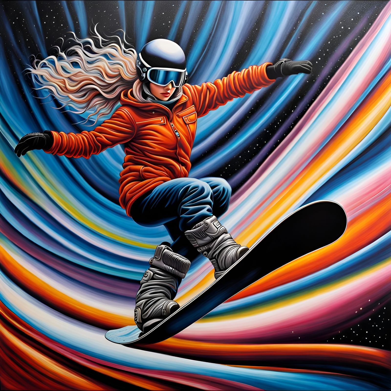 Snowboarder Leaps Under the Aurora: Kinetic Wet Felting Art