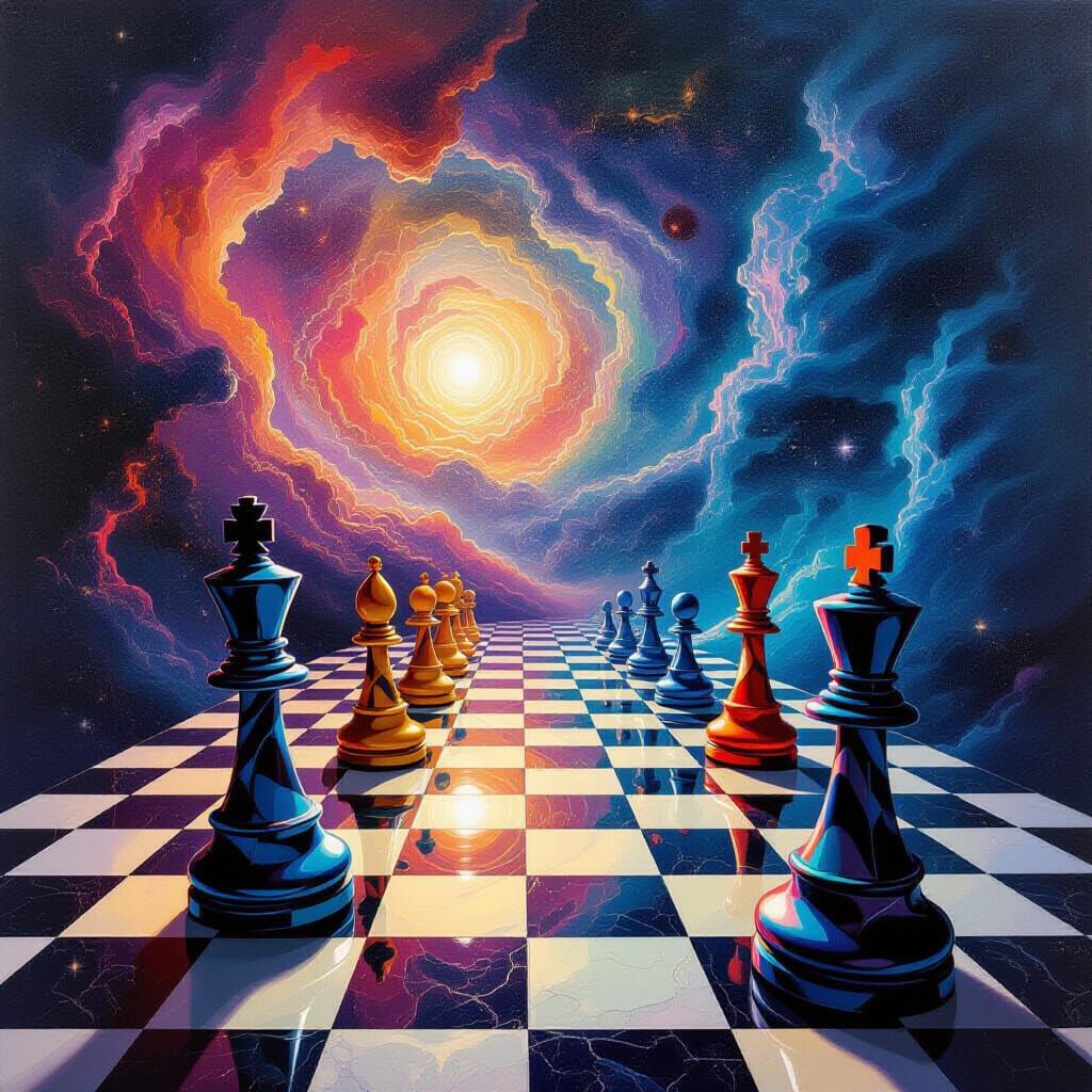 Surreal Cosmic Chessboard with Biomechanical Pieces