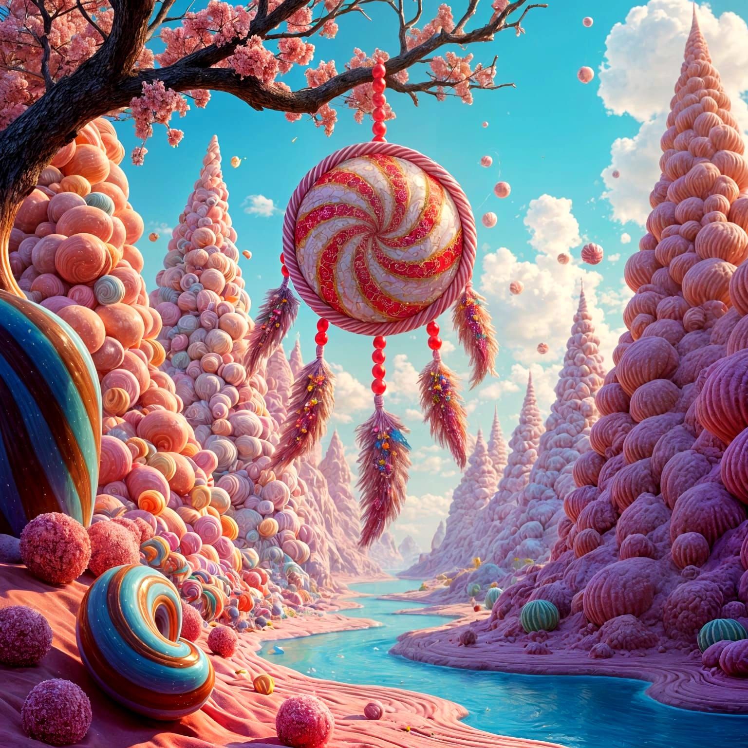 Vibrant Candy Landscape with Licorice Dreamcatcher