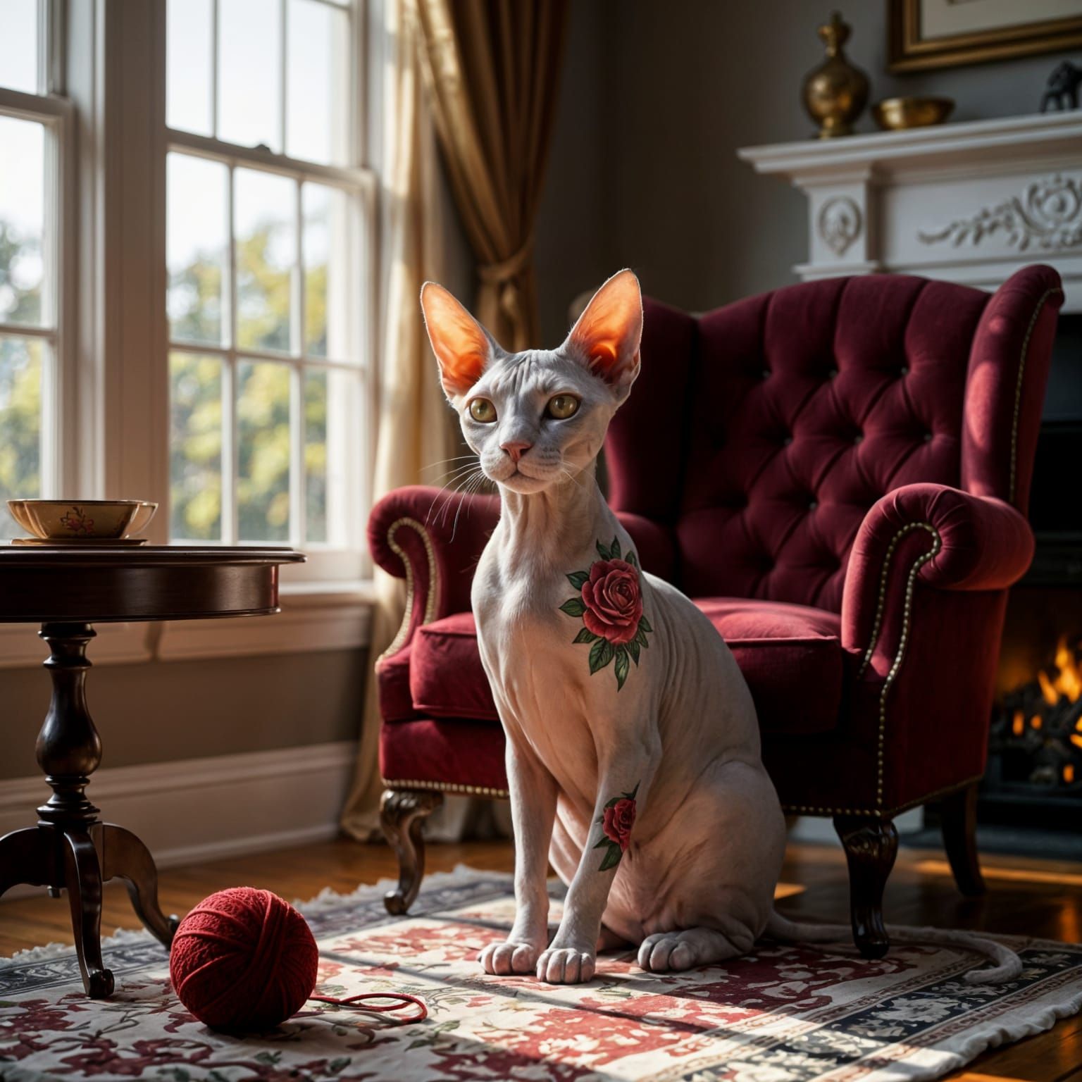 Sphynx Cat with Rose Tattoos in Cozy Interior