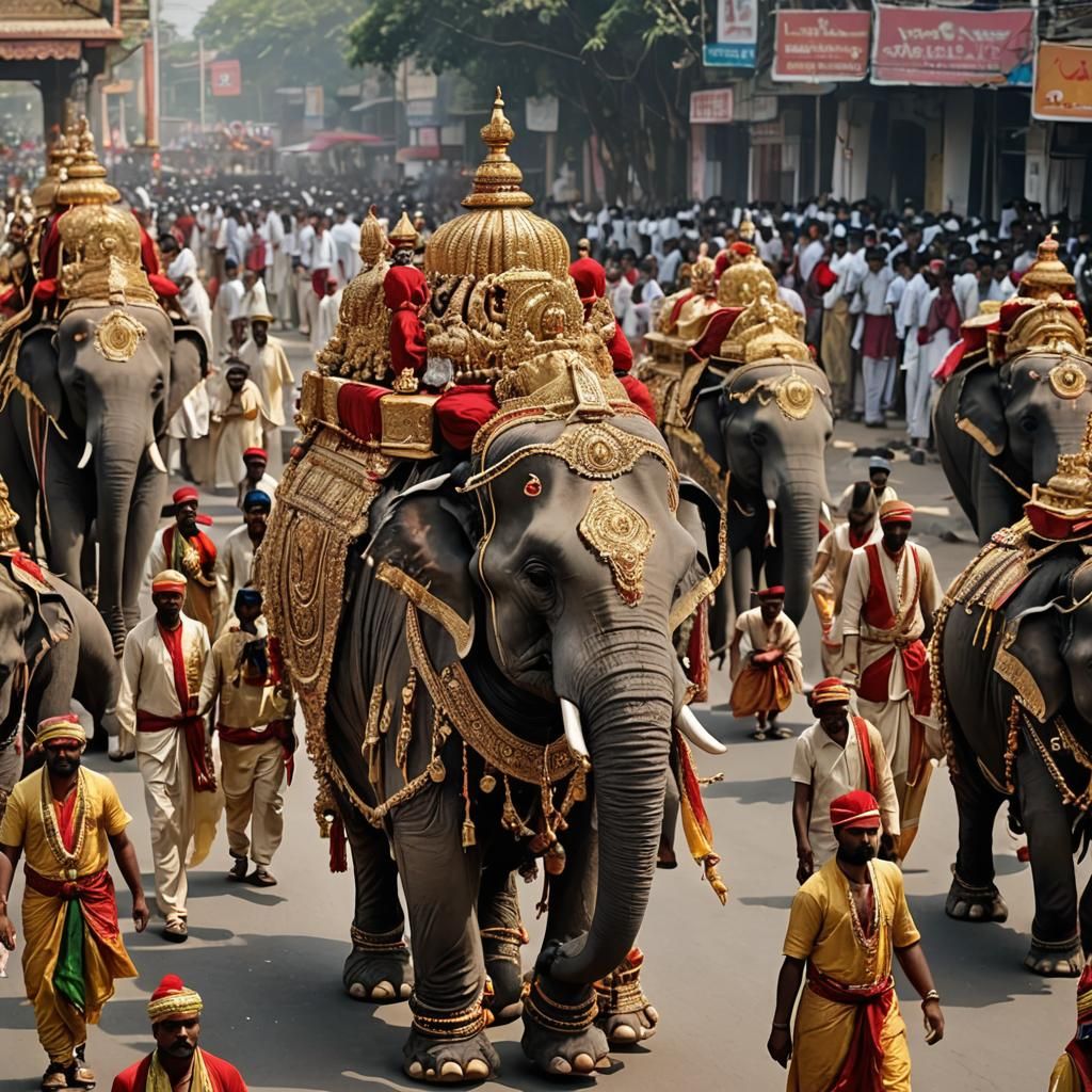 Majestic Elephant Procession During Religious Festival