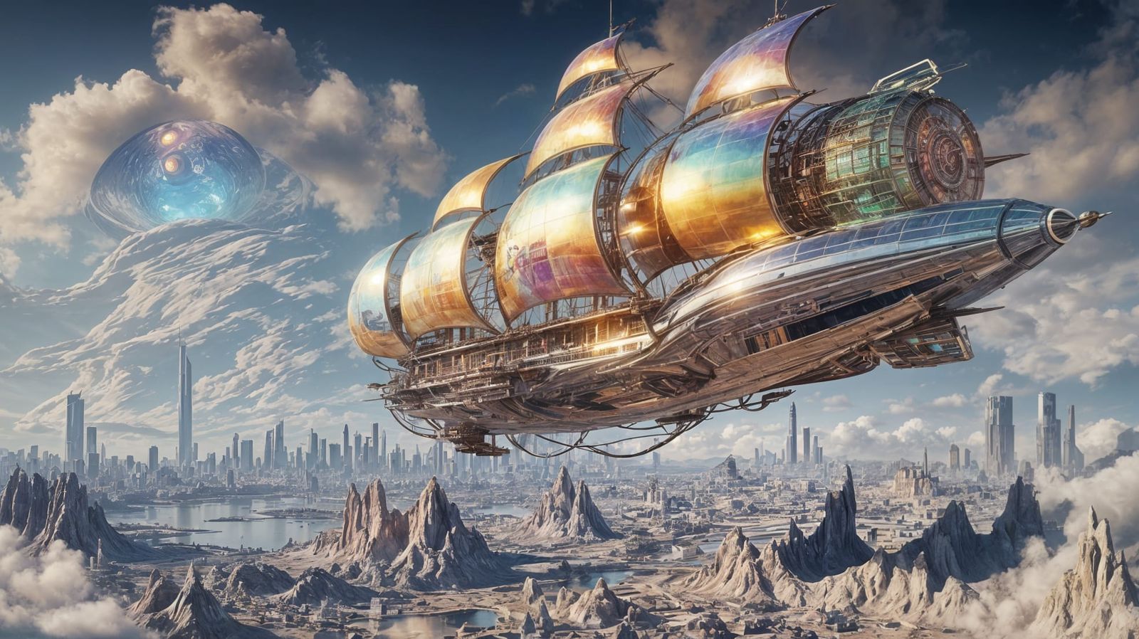 Futuristic Steampunk Airship Over Neon Cityscape